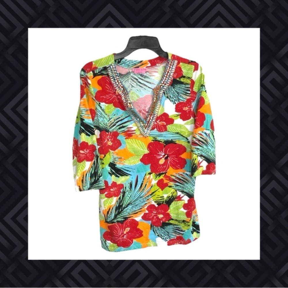 Joyous & Free Multicolor Tropical Floral w Rows of Beading Neckline Women Large